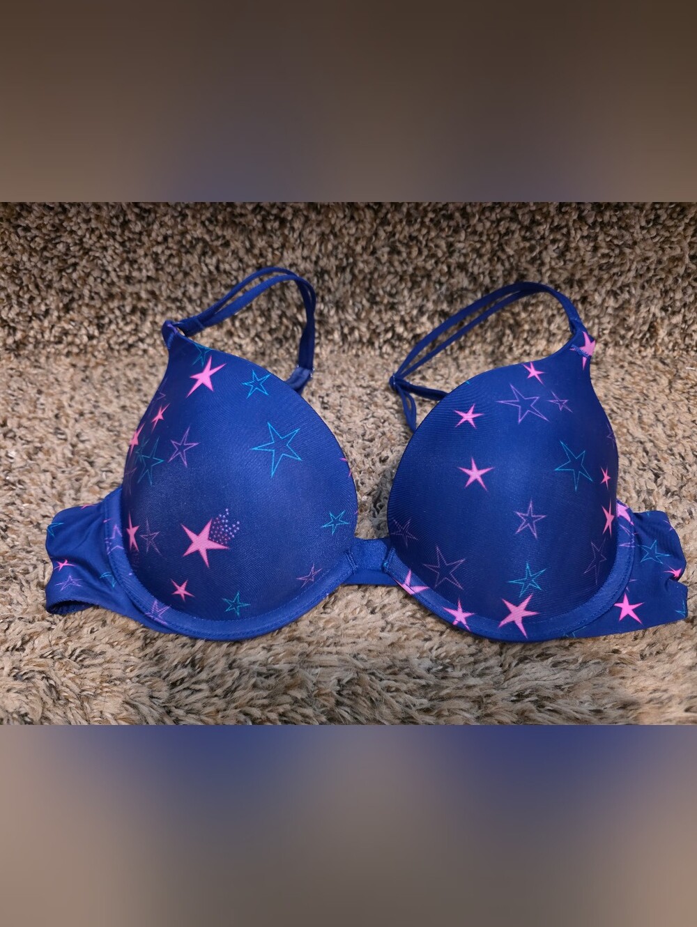 Victoria's Secret Navy Push-Up Bra with Pink & Teal Stars